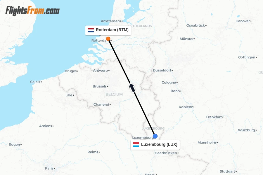 Flights from Luxembourg to Rotterdam route map