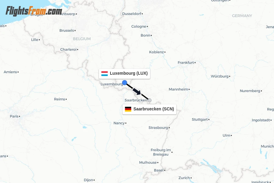 Flights from Luxembourg to Saarbruecken route map