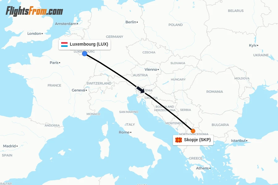 Flights from Luxembourg to Skopje route map