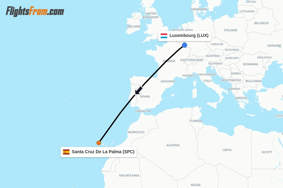 Flights from Luxembourg to Santa Cruz De La Palma route map