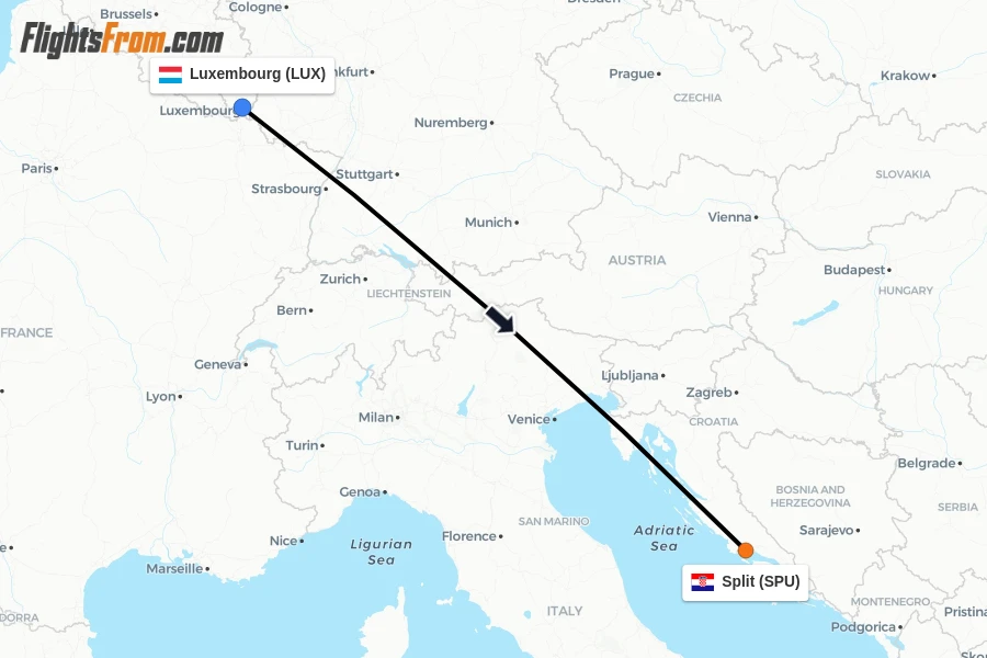 Flights from Luxembourg to Split route map