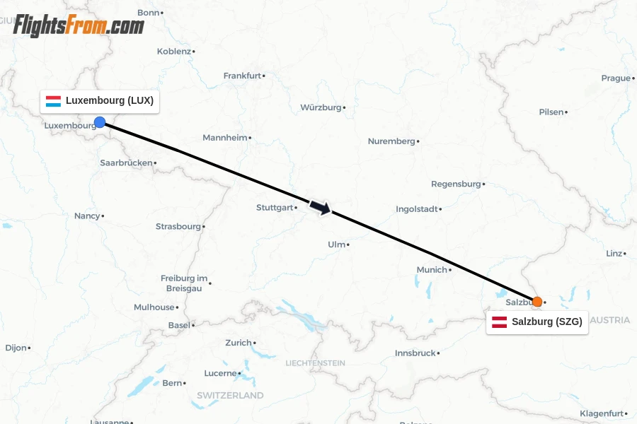 Flights from Luxembourg to Salzburg route map