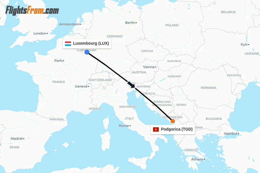 Flights from Luxembourg to Podgorica route map