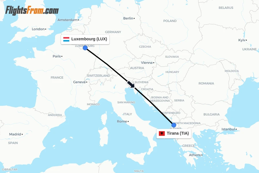 Flights from Luxembourg to Tirana route map