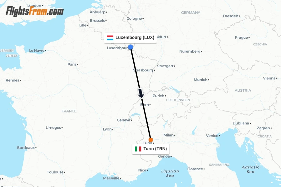Flights from Luxembourg to Turin route map