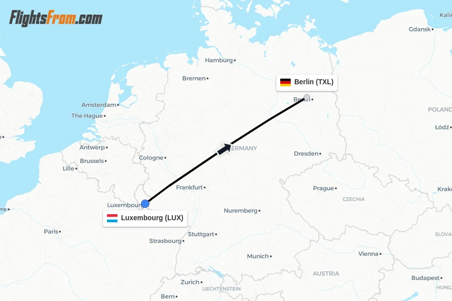 Flights from Luxembourg to Berlin route map