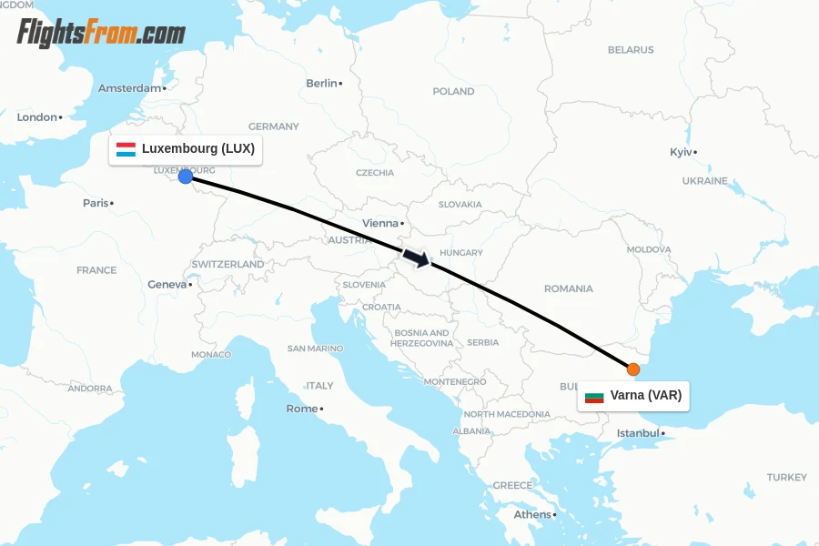 Flights from Luxembourg to Varna route map