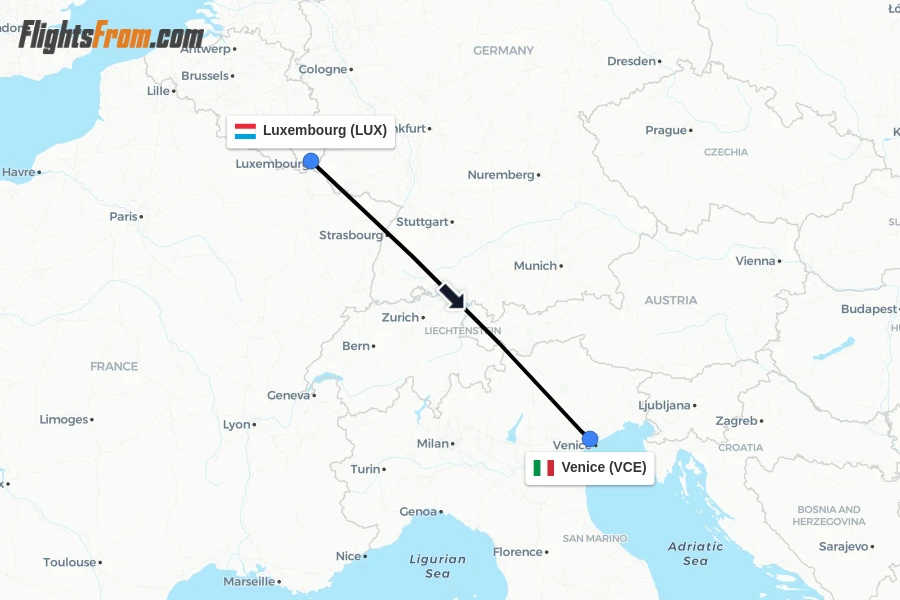 Flights from Luxembourg to Venice route map