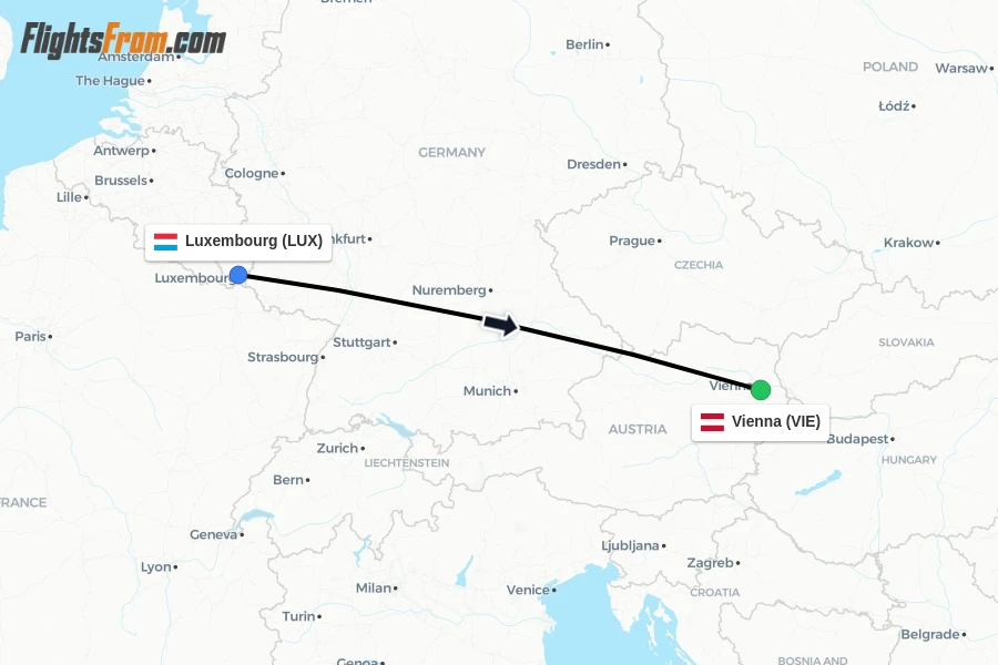 Flights from Luxembourg to Vienna route map