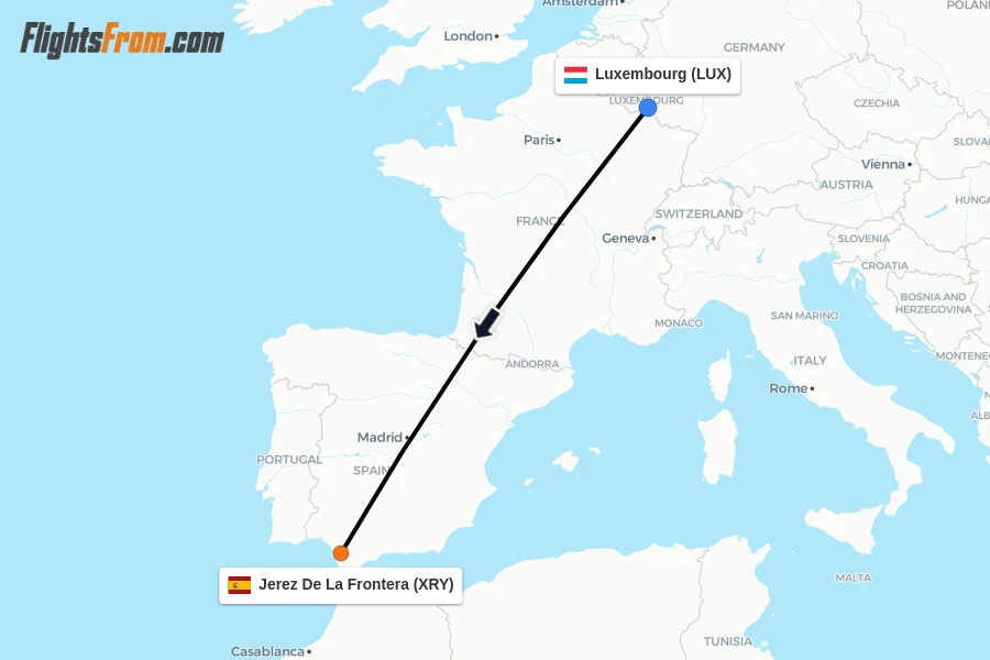 Flights from Luxembourg to Jerez De La Frontera route map