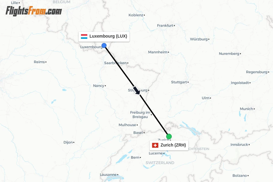 Flights from Luxembourg to Zurich route map