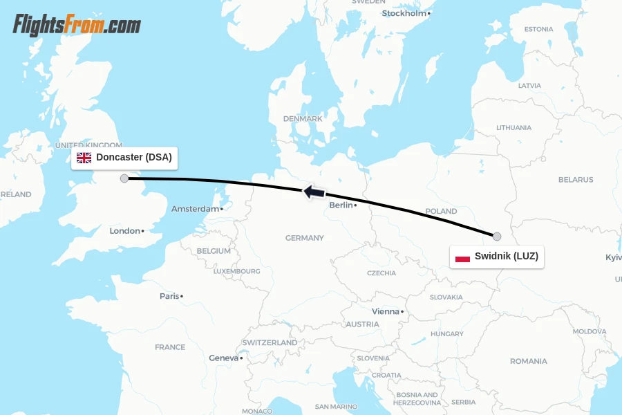 Flights from Swidnik to Doncaster route map