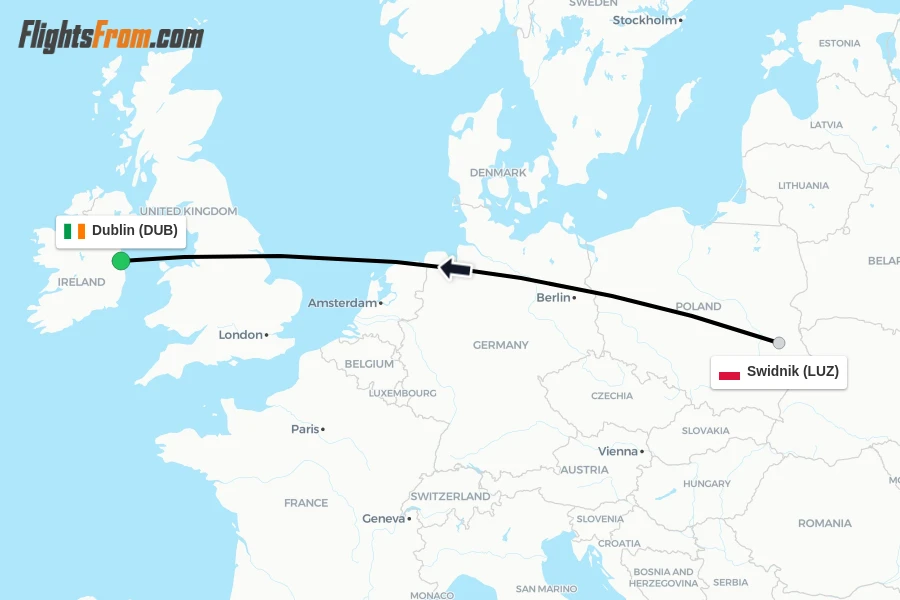 Flights from Swidnik to Dublin route map