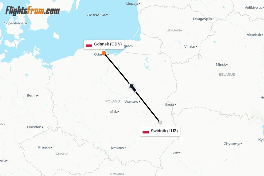 Flights from Swidnik to Gdansk route map