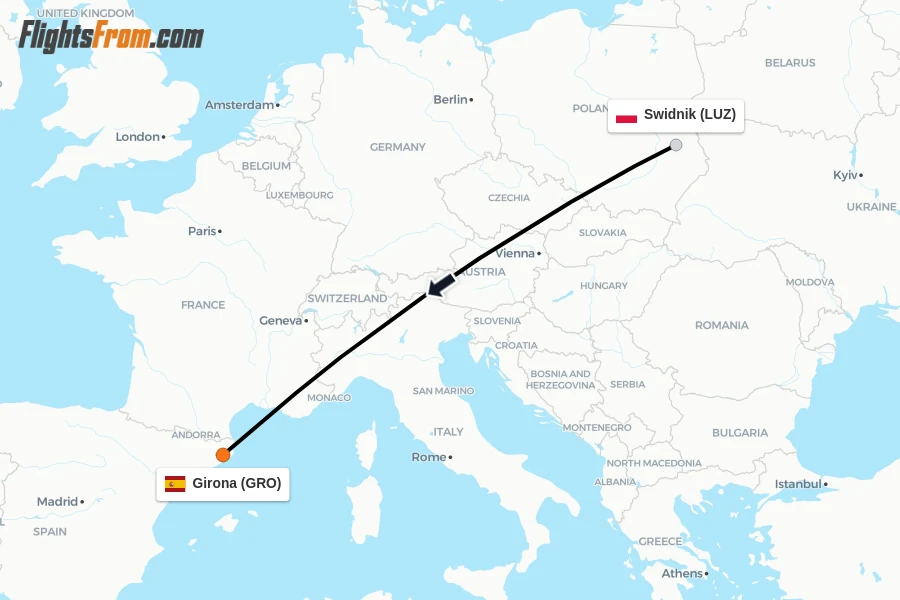 Flights from Swidnik to Girona route map
