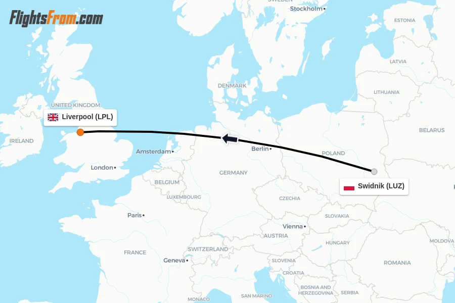 Flights from Swidnik to Liverpool route map