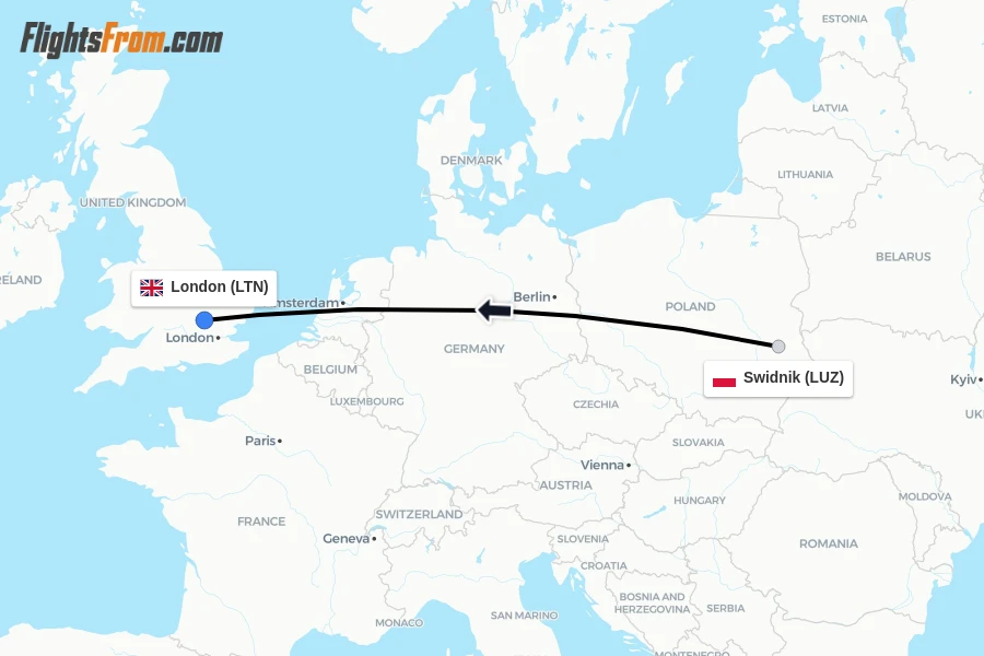 Flights from Swidnik to London route map