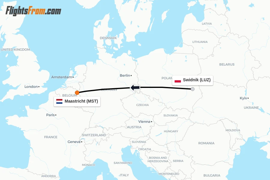 Flights from Swidnik to Maastricht route map