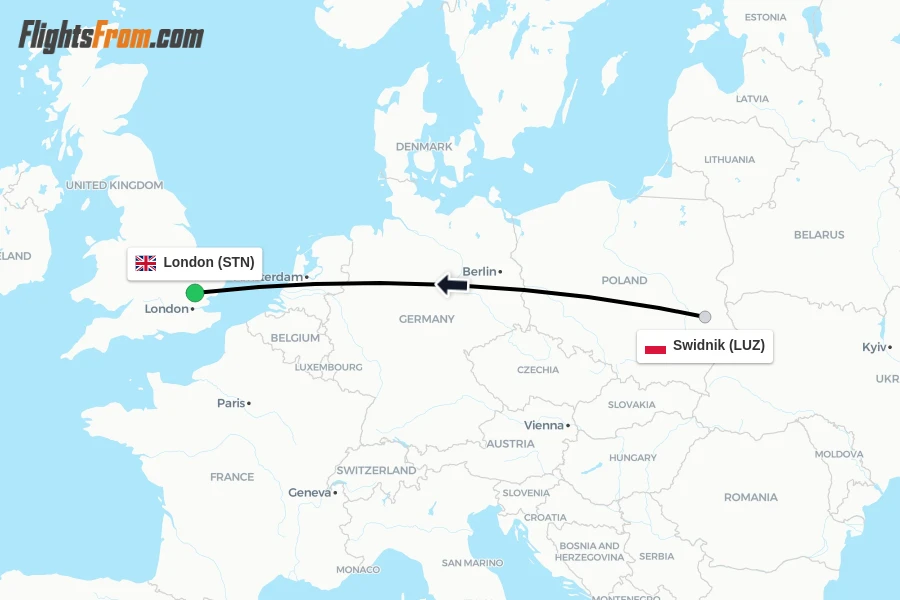 Flights from Swidnik to London route map