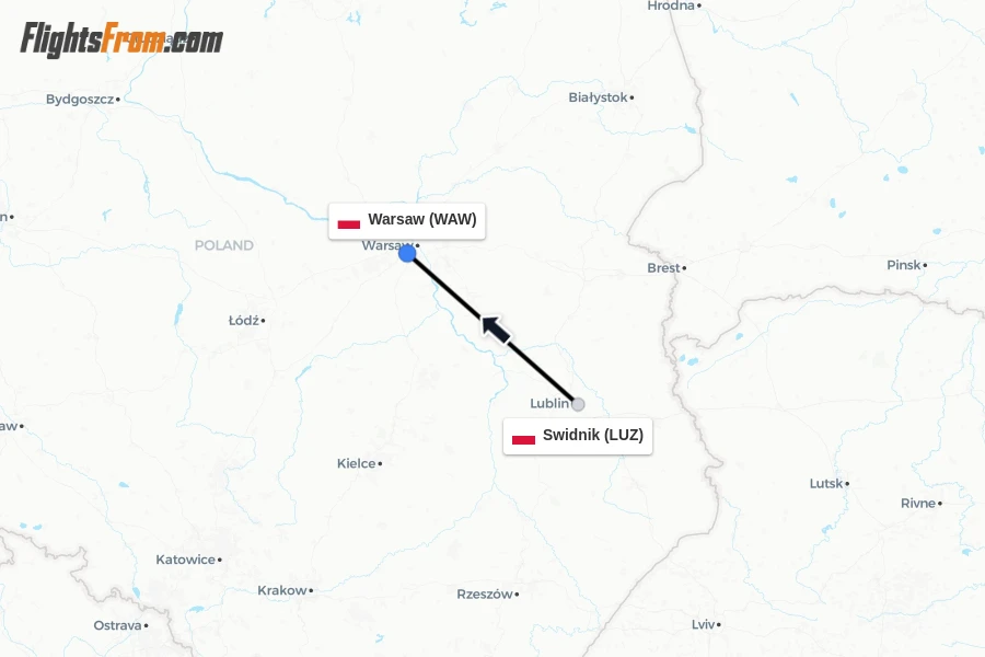 Flights from Swidnik to Warsaw route map