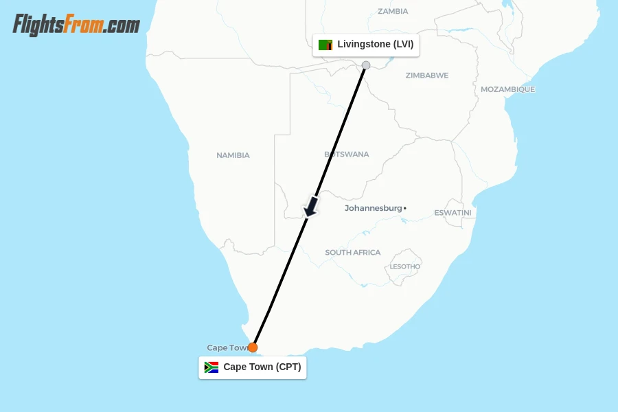 Flights from Livingstone to Cape Town route map