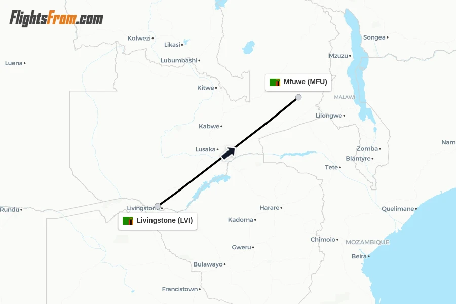 Flights from Livingstone to Mfuwe route map
