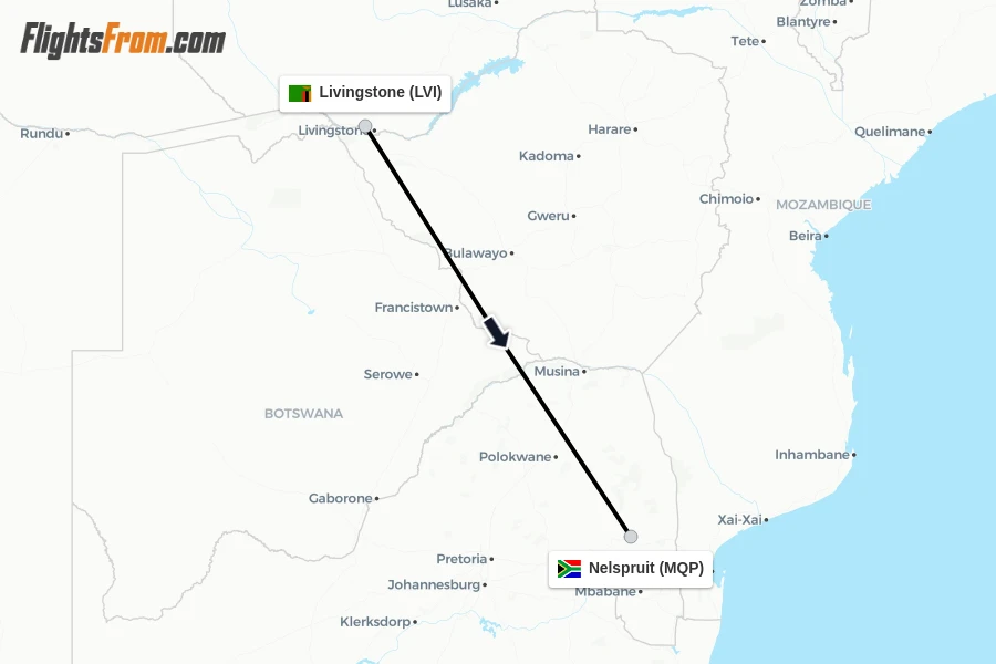 Flights from Livingstone to Nelspruit route map