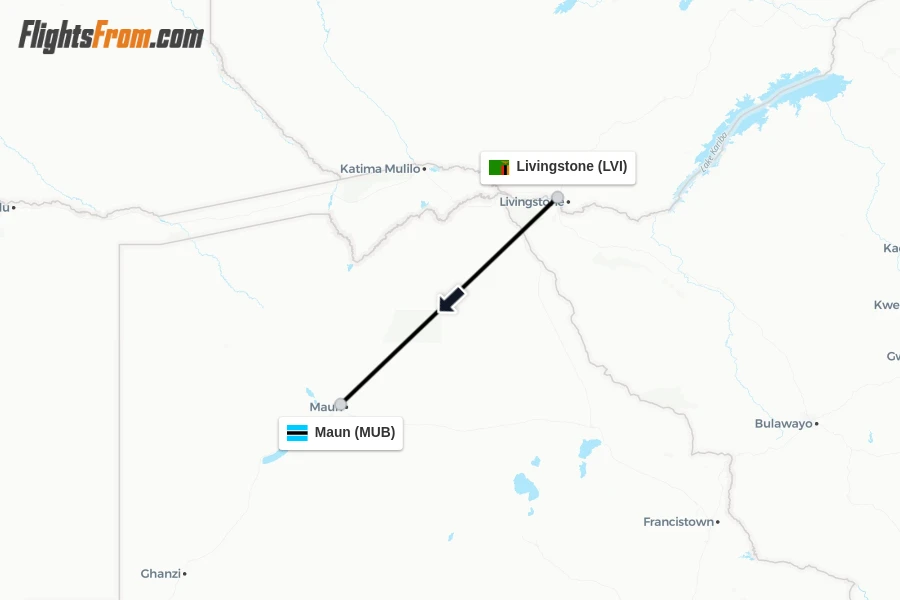 Flights from Livingstone to Maun route map