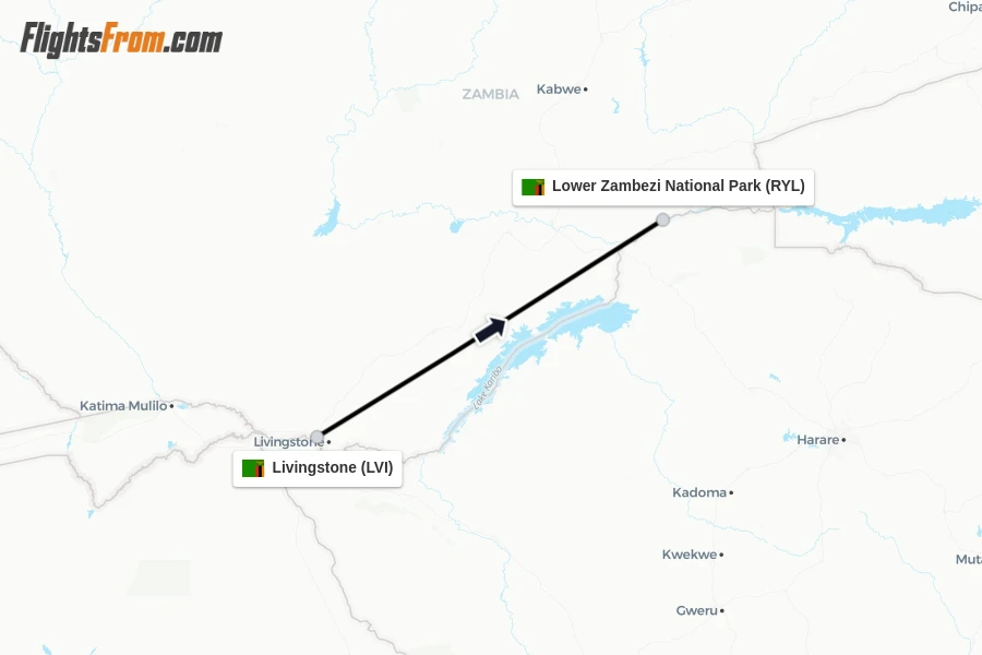 Flights from Livingstone to Lower Zambezi National Park route map