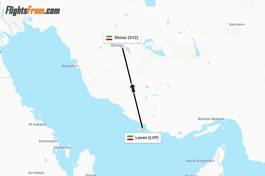 Flights from Lavan to Shiraz route map