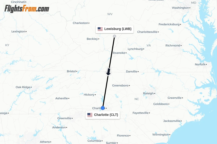 Flights from Lewisburg to Charlotte route map