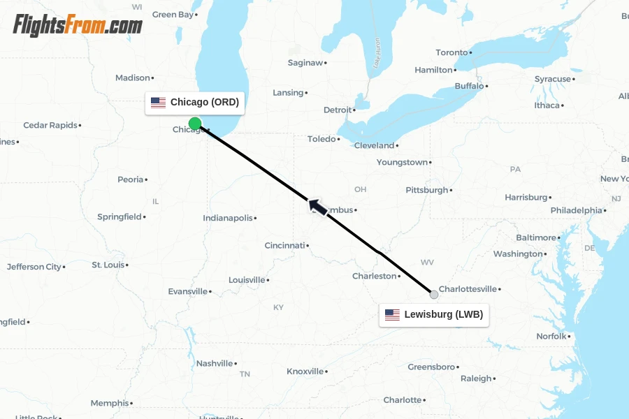 Flights from Lewisburg to Chicago route map