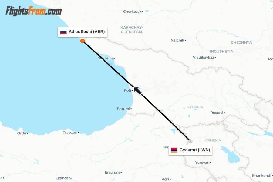Flights from Gyoumri to Adler/Sochi route map