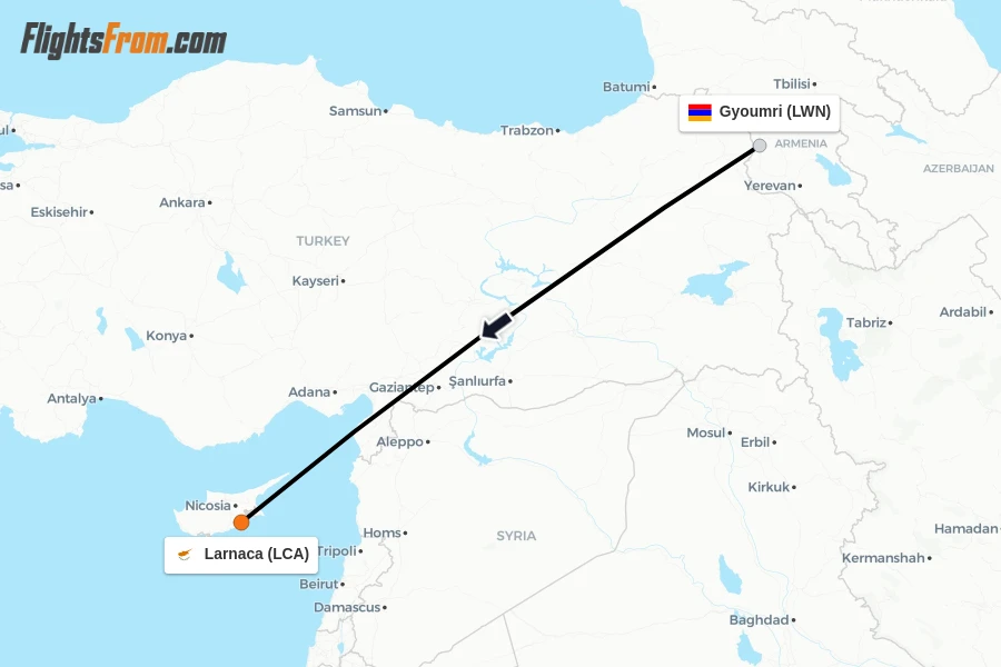 Flights from Gyoumri to Larnaca route map