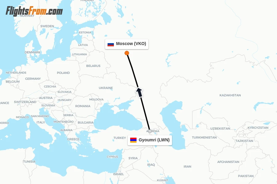 Flights from Gyoumri to Moscow route map