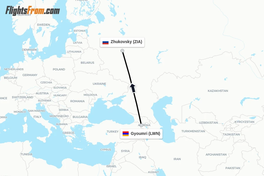 Flights from Gyoumri to Zhukovsky route map