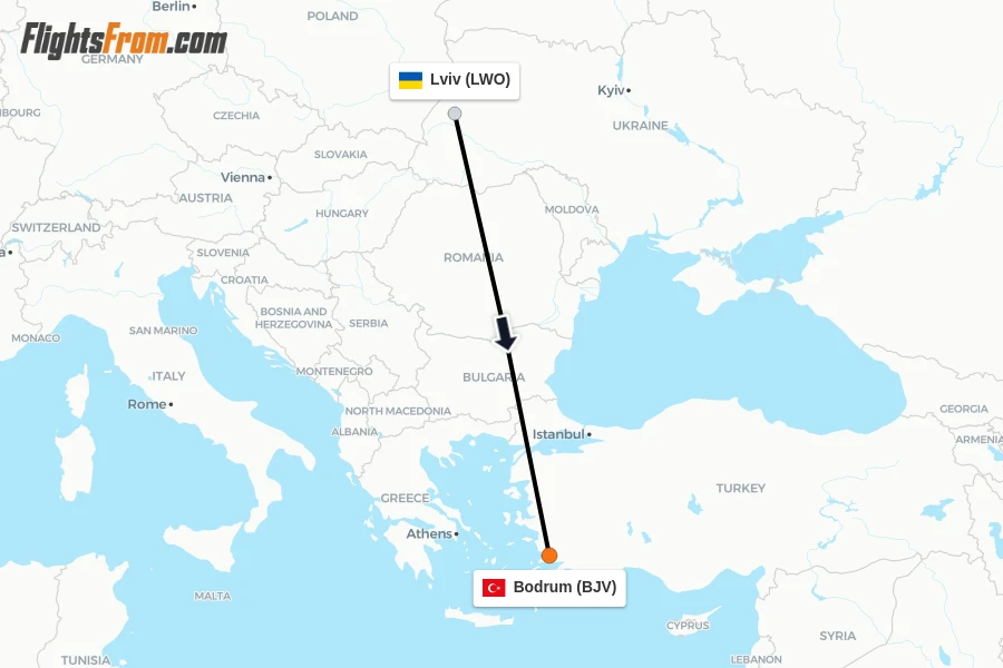 Flights from Lviv to Bodrum route map