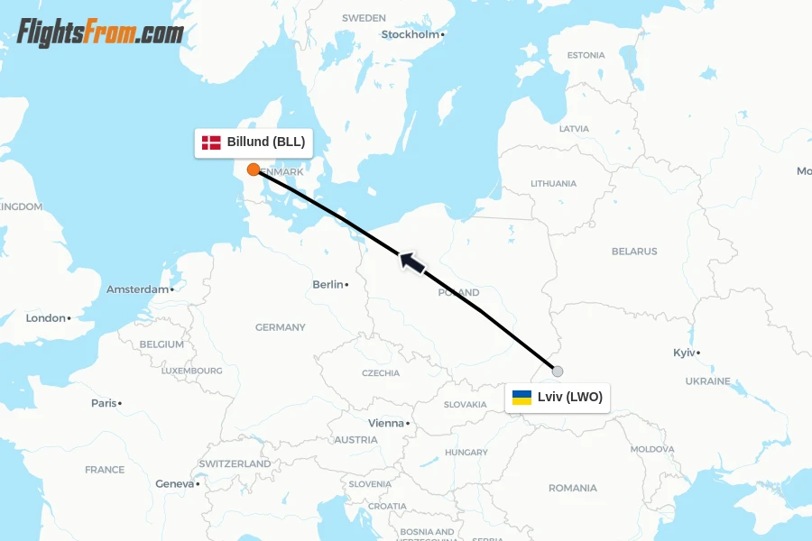 Flights from Lviv to Billund route map