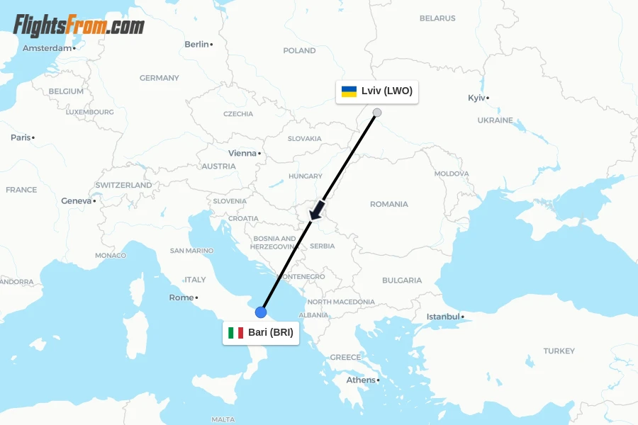 Flights from Lviv to Bari route map