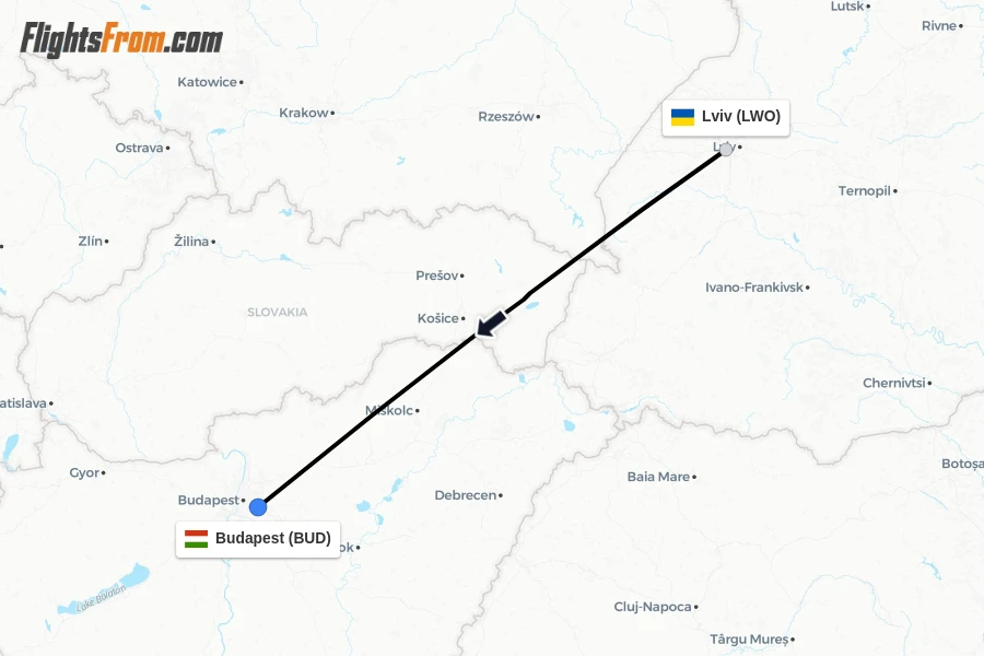 Flights from Lviv to Budapest route map