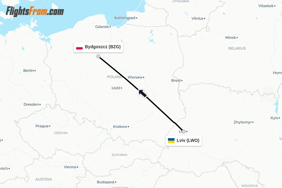 Flights from Lviv to Bydgoszcz route map