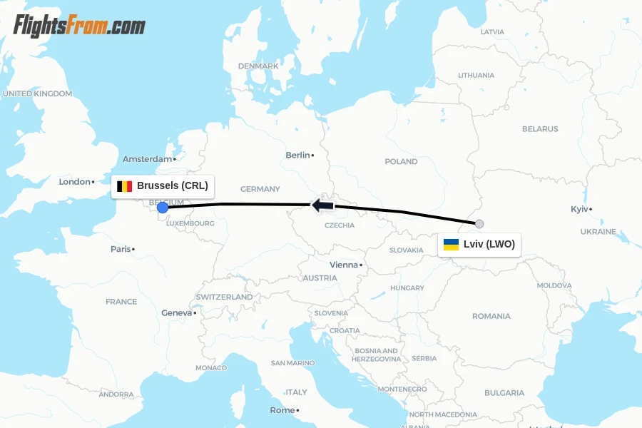 Flights from Lviv to Brussels route map
