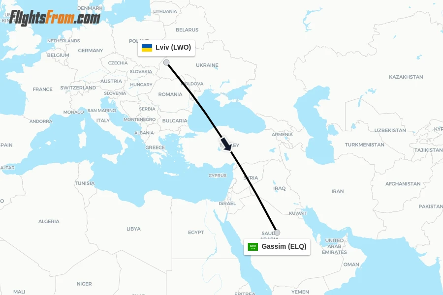 Flights from Lviv to Gassim route map
