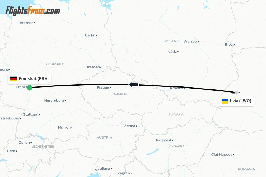 Flights from Lviv to Frankfurt route map