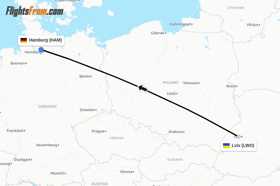 Flights from Lviv to Hamburg route map