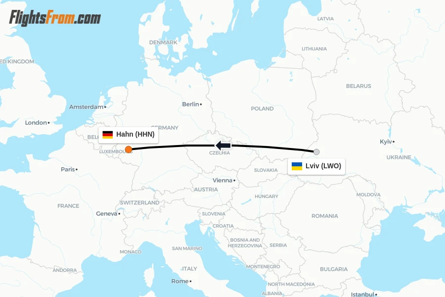 Flights from Lviv to Hahn route map