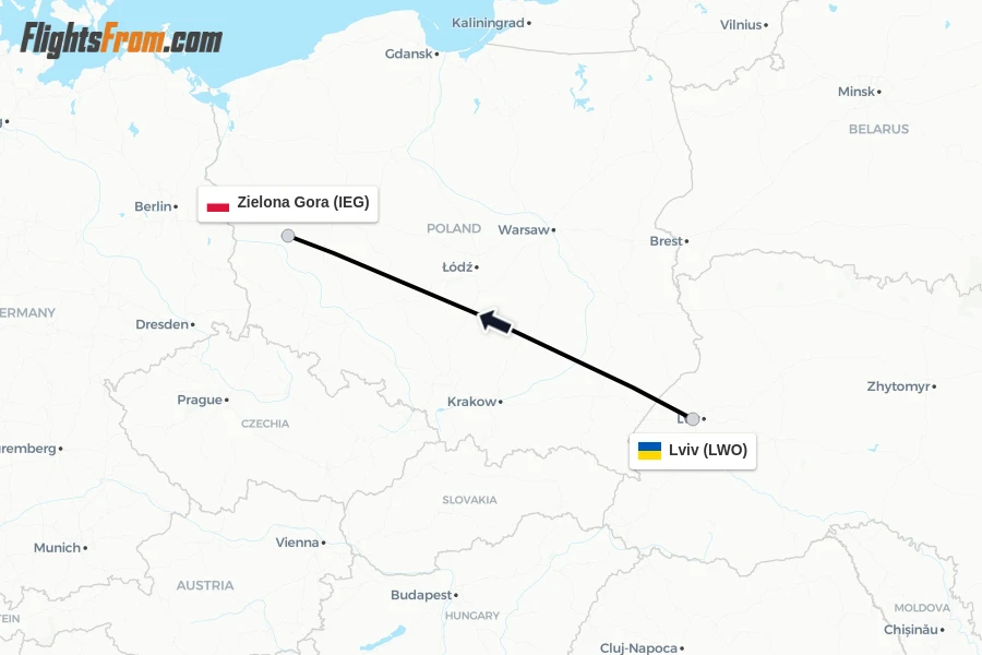 Flights from Lviv to Zielona Gora route map
