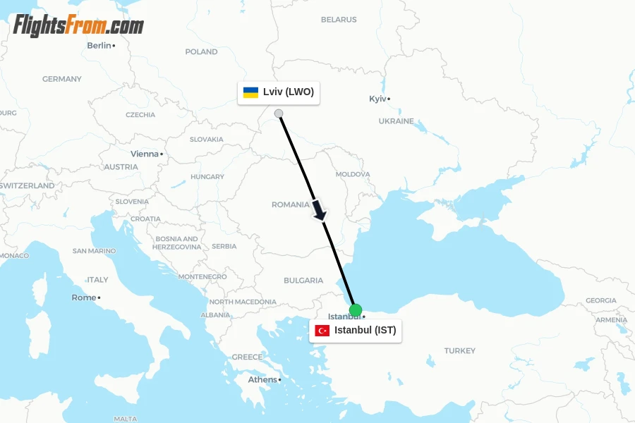 Flights from Lviv to Istanbul route map
