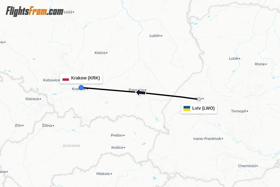 Flights from Lviv to Krakow route map