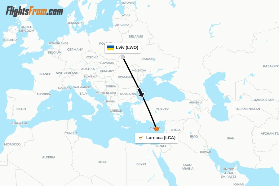 Flights from Lviv to Larnaca route map